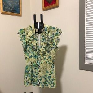 Green and White Ruffled Sleeveless Blouse